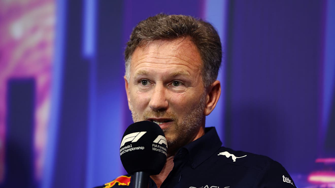 SINGAPORE, SINGAPORE - OCTOBER 01: Red Bull Racing Team Principal Christian Horner talks in the team principal's press conference before final practice ahead of the F1 Grand Prix of Singapore at Marina Bay Street Circuit on October 01, 2022 in Singapore, Singapore. (Photo by Clive Rose/Getty Images,)