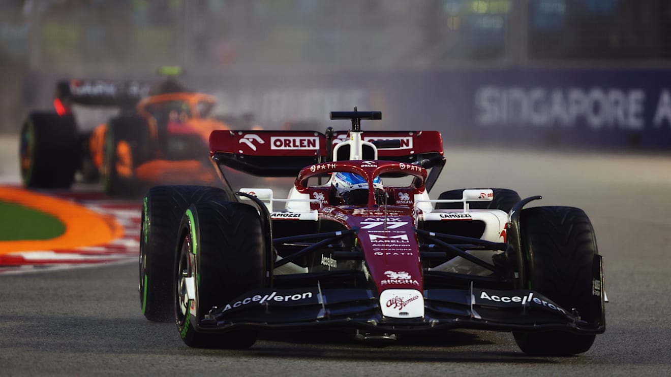 SINGAPORE, SINGAPORE - OCTOBER 01: Valtteri Bottas of Finland driving the (77) Alfa Romeo F1 C42 Ferrari on track during final practice ahead of the F1 Grand Prix of Singapore at Marina Bay Street Circuit on October 01, 2022 in Singapore, Singapore. (Photo by Bryn Lennon - Formula 1/Formula 1 via Getty Images)