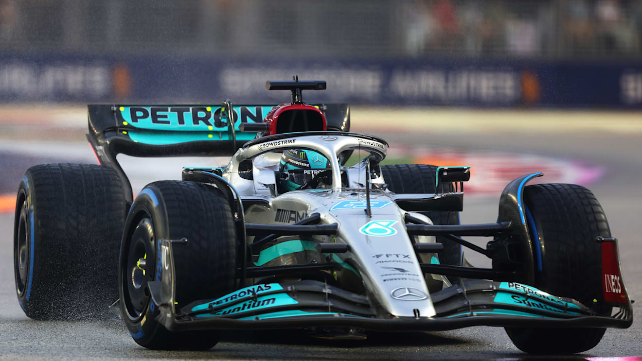 SINGAPORE, SINGAPORE - OCTOBER 01: George Russell of Great Britain driving the (63) Mercedes AMG Petronas F1 Team W13 on track during final practice ahead of the F1 Grand Prix of Singapore at Marina Bay Street Circuit on October 01, 2022 in Singapore, Singapore. (Photo by Bryn Lennon - Formula 1/Formula 1 via Getty Images)