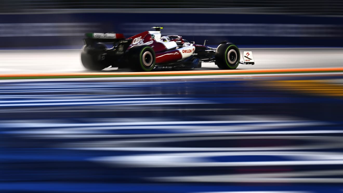 SINGAPORE, SINGAPORE - OCTOBER 01: Zhou Guanyu of China driving the (24) Alfa Romeo F1 C42 Ferrari on track during final practice ahead of the F1 Grand Prix of Singapore at Marina Bay Street Circuit on October 01, 2022 in Singapore, Singapore. (Photo by Clive Mason/Getty Images)
