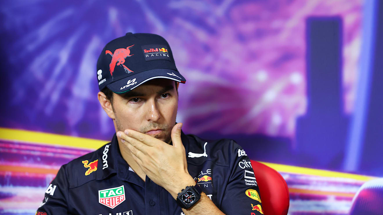 SINGAPORE, SINGAPORE - OCTOBER 01: Second placed qualifier Sergio Perez of Mexico and Oracle Red Bull Racing attends the press conference after qualifying ahead of the F1 Grand Prix of Singapore at Marina Bay Street Circuit on October 01, 2022 in Singapore, Singapore. (Photo by Dan Istitene/Getty Images)