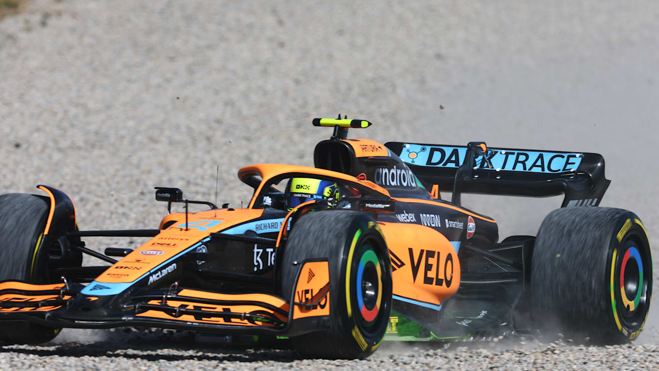 BARCELONA, SPAIN - MAY 20: Lando Norris of Great Britain driving the (4) McLaren MCL36 Mercedes runs wide during practice ahead of the F1 Grand Prix of Spain at Circuit de Barcelona-Catalunya on May 20, 2022 in Barcelona, Spain. (Photo by Lars Baron/Getty Images)