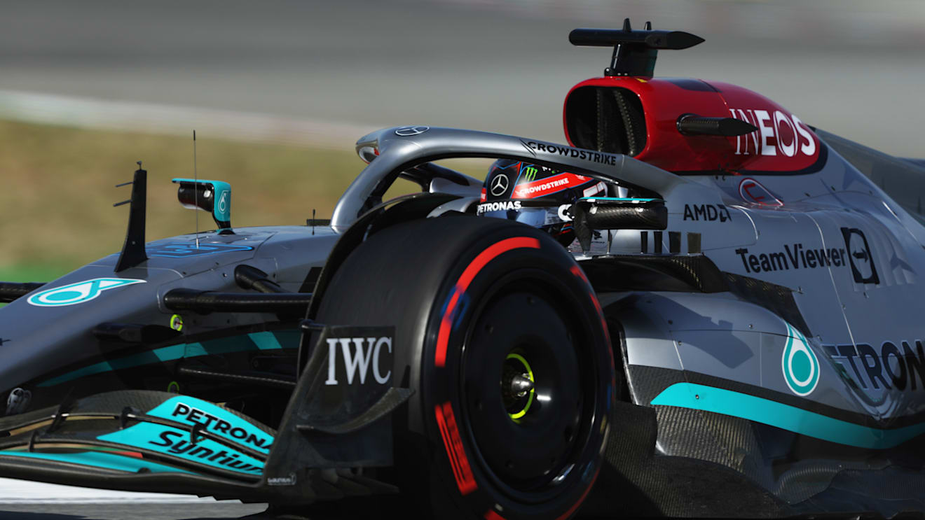 BARCELONA, SPAIN - MAY 20: George Russell of Great Britain driving the (63) Mercedes AMG Petronas F1 Team W13 on track during practice ahead of the F1 Grand Prix of Spain at Circuit de Barcelona-Catalunya on May 20, 2022 in Barcelona, Spain. (Photo by Bryn Lennon - Formula 1/Formula 1 via Getty Images)