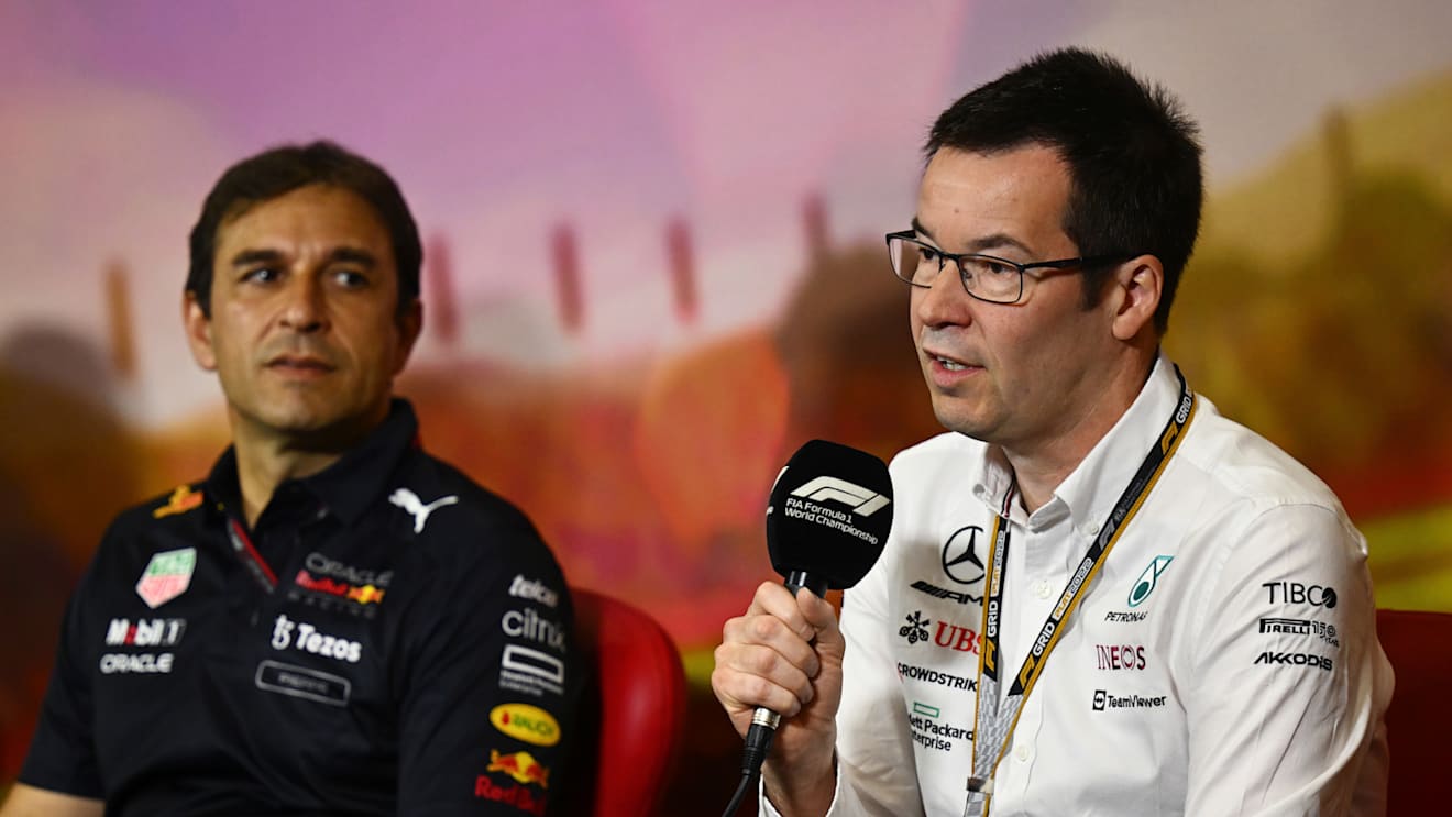 BARCELONA, SPAIN - MAY 21: Mike Elliott, Technical Director of Mercedes, talks in the Team Principals Press Conference prior to practice ahead of the F1 Grand Prix of Spain at Circuit de Barcelona-Catalunya on May 21, 2022 in Barcelona, Spain. (Photo by Clive Mason/Getty Images)