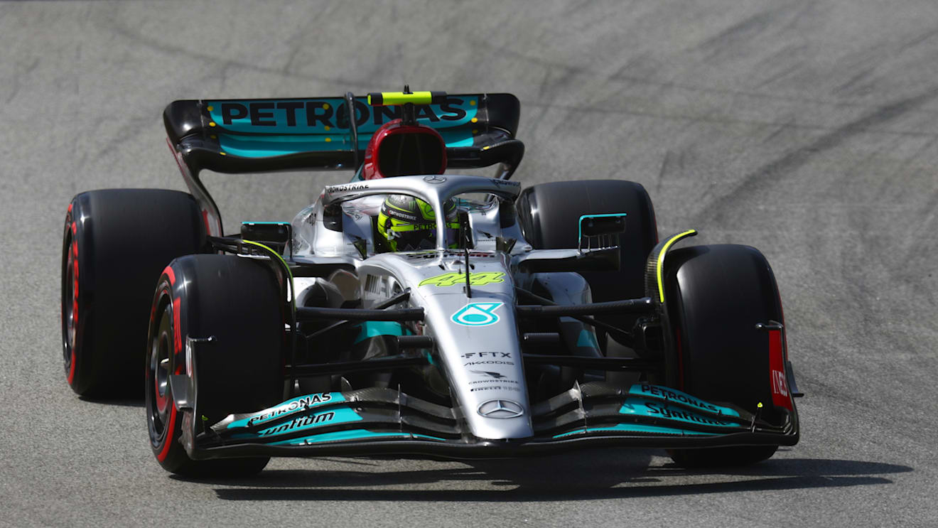 BARCELONA, SPAIN - MAY 21: Lewis Hamilton of Great Britain driving the (44) Mercedes AMG Petronas F1 Team W13 on track during qualifying ahead of the F1 Grand Prix of Spain at Circuit de Barcelona-Catalunya on May 21, 2022 in Barcelona, Spain. (Photo by Alex Pantling - Formula 1/Formula 1 via Getty Images)