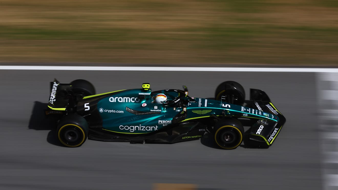 BARCELONA, SPAIN - MAY 22: Sebastian Vettel of Germany driving the (5) Aston Martin AMR22 Mercedes on track during the F1 Grand Prix of Spain at Circuit de Barcelona-Catalunya on May 22, 2022 in Barcelona, Spain. (Photo by Lars Baron/Getty Images)