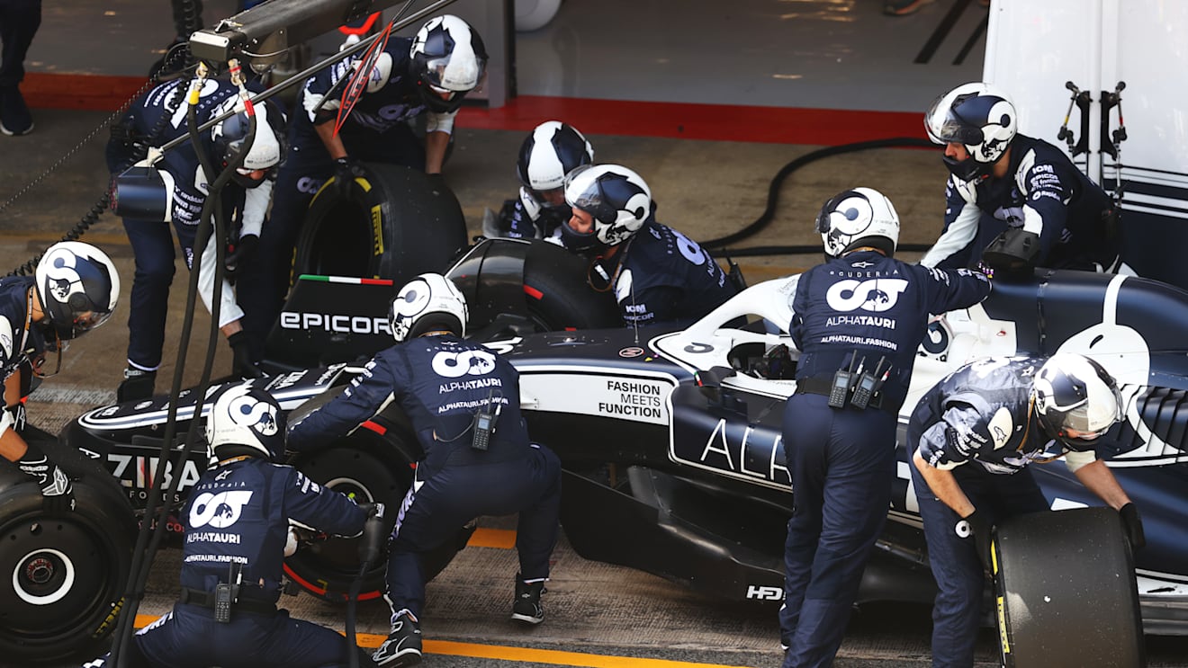BARCELONA, SPAIN - MAY 22: Pierre Gasly of France driving the (10) Scuderia AlphaTauri AT03 makes a pitstop during the F1 Grand Prix of Spain at Circuit de Barcelona-Catalunya on May 22, 2022 in Barcelona, Spain. (Photo by Dan Istitene - Formula 1/Formula 1 via Getty Images)
