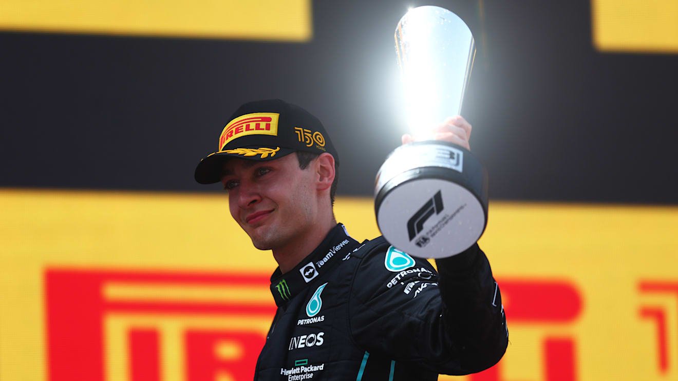 BARCELONA, SPAIN - MAY 22: Third placed George Russell of Great Britain and Mercedes celebrates on the podium during the F1 Grand Prix of Spain at Circuit de Barcelona-Catalunya on May 22, 2022 in Barcelona, Spain. (Photo by Alex Pantling - Formula 1/Formula 1 via Getty Images)