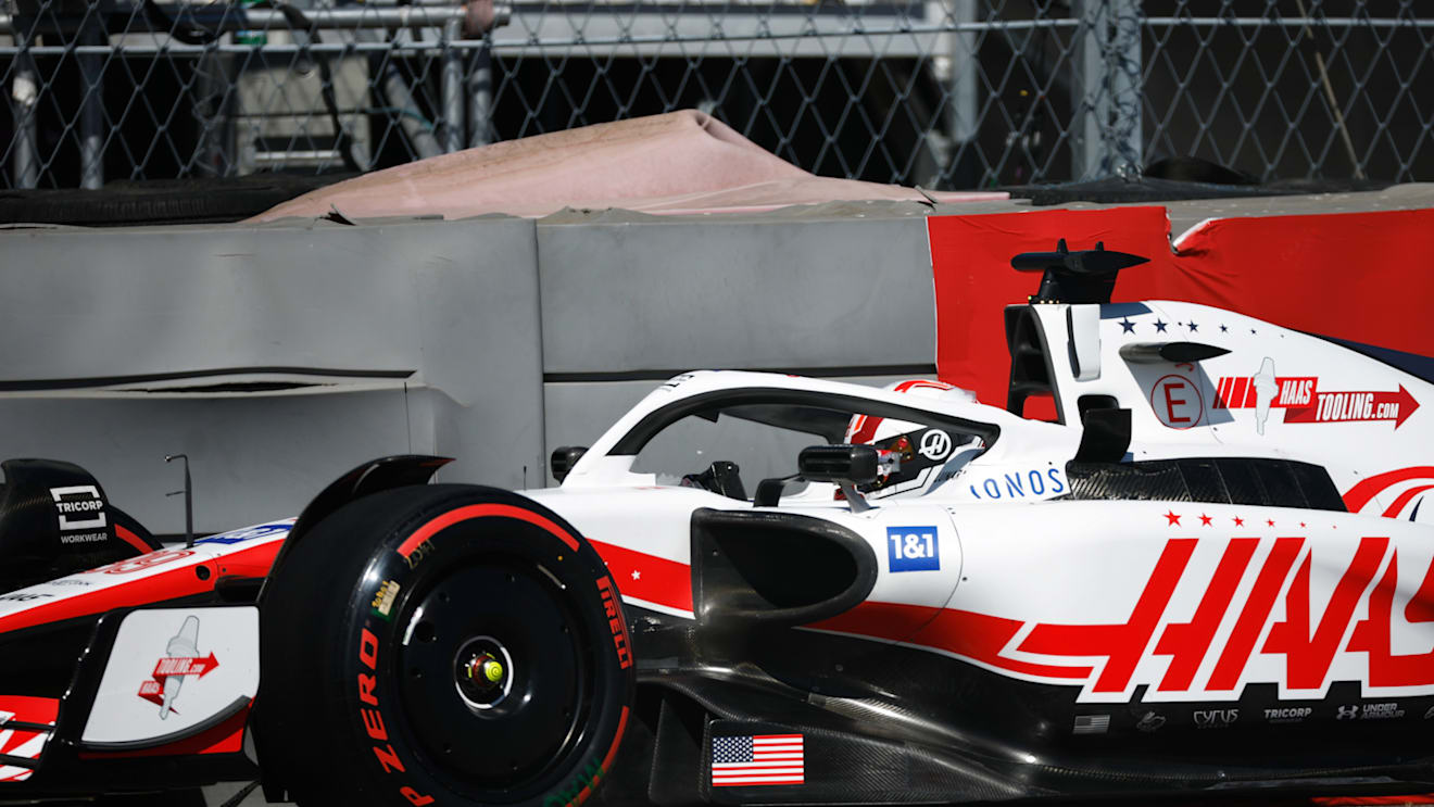 AUSTIN, TEXAS - OCTOBER 21: Antonio Giovinazzi of Italy driving the (99) Haas F1 VF-22 Ferrari crashes during practice ahead of the F1 Grand Prix of USA at Circuit of The Americas on October 21, 2022 in Austin, Texas. (Photo by Jared C. Tilton/Getty Images)