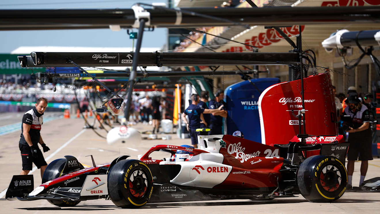AUSTIN, TEXAS - OCTOBER 21: Zhou Guanyu of China driving the (24) Alfa Romeo F1 C42 Ferrari in the Pitlane during practice ahead of the F1 Grand Prix of USA at Circuit of The Americas on October 21, 2022 in Austin, Texas. (Photo by Chris Graythen/Getty Images)