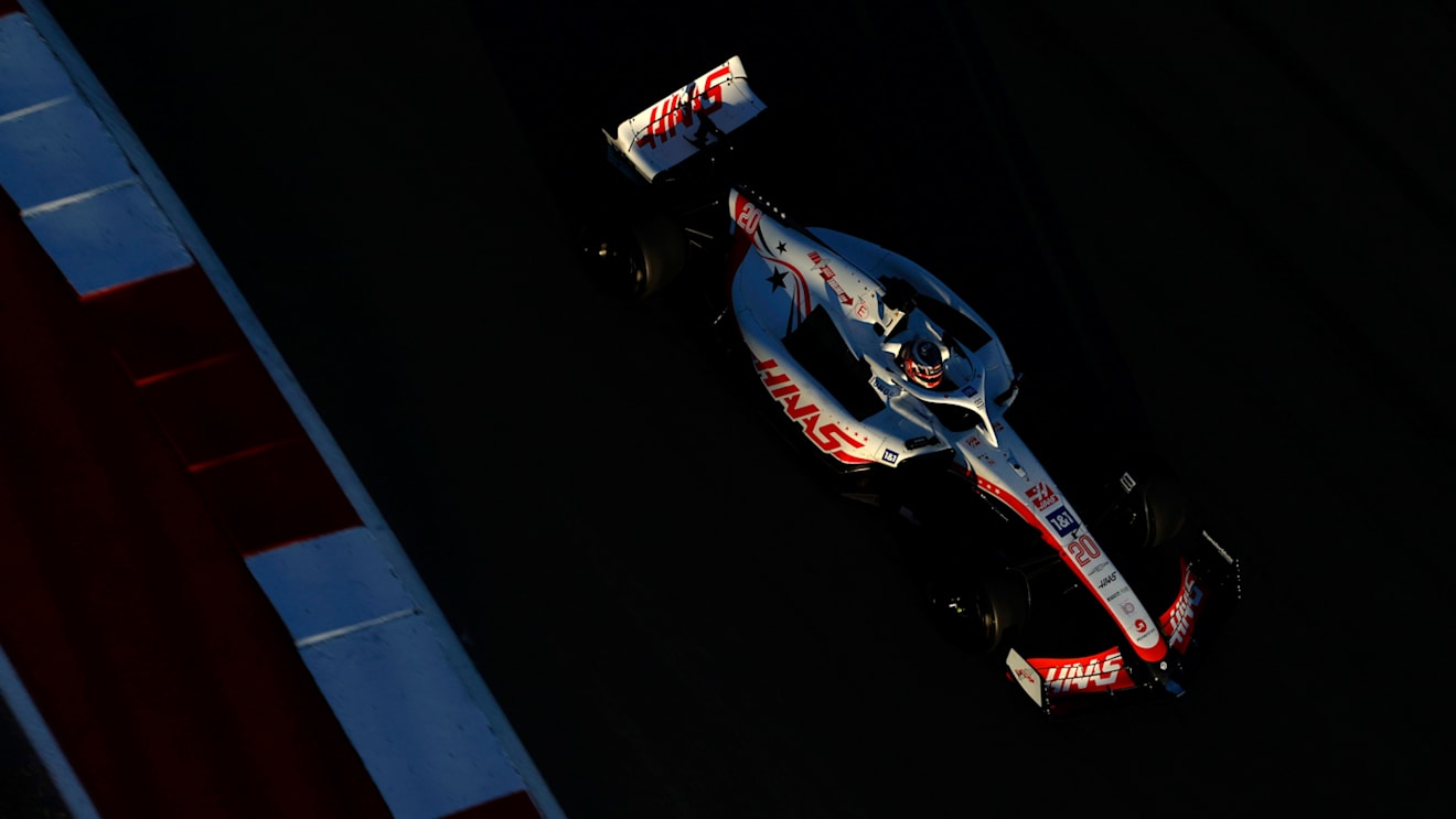 AUSTIN, TEXAS - OCTOBER 21: Kevin Magnussen of Denmark driving the (20) Haas F1 VF-22 Ferrari on track during practice ahead of the F1 Grand Prix of USA at Circuit of The Americas on October 21, 2022 in Austin, Texas. (Photo by Chris Graythen/Getty Images)