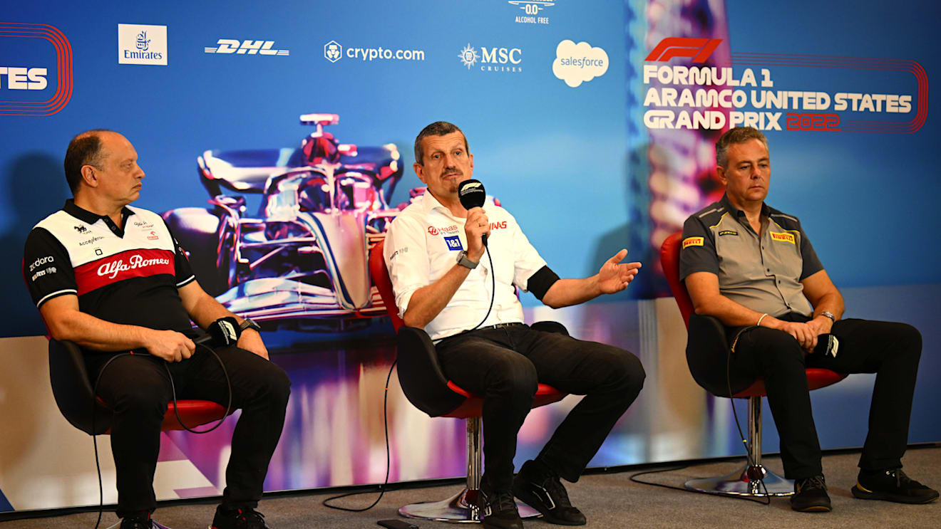 AUSTIN, TEXAS - OCTOBER 22: (L-R) Alfa Romeo Racing Team Principal Frederic Vasseur, Haas F1 Team Principal Guenther Steiner and Director of Pirelli F1 Mario Isola attend the Team Principals Press Conference prior to final practice ahead of the F1 Grand Prix of USA at Circuit of The Americas on October 22, 2022 in Austin, Texas. (Photo by Clive Mason/Getty Images)