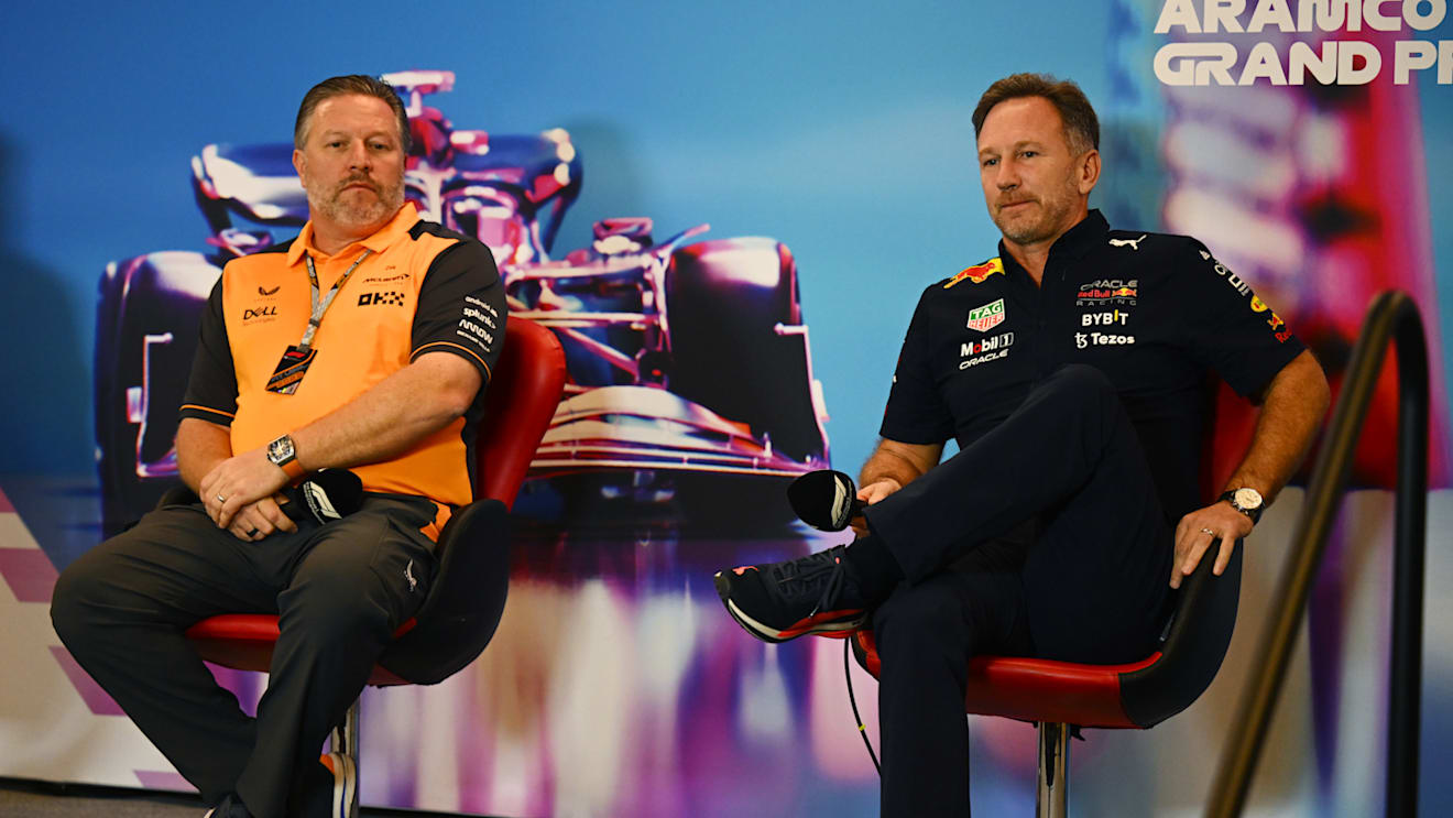 AUSTIN, TEXAS - OCTOBER 22: Red Bull Racing Team Principal Christian Horner and McLaren Chief Executive Officer Zak Brown attend the Team Principals Press Conference prior to final practice ahead of the F1 Grand Prix of USA at Circuit of The Americas on October 22, 2022 in Austin, Texas. (Photo by Clive Mason/Getty Images)