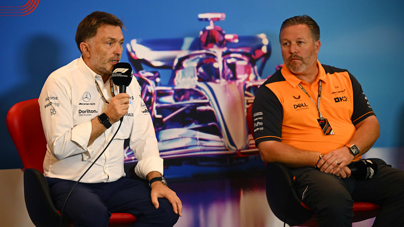 AUSTIN, TEXAS - OCTOBER 22: Jost Capito, CEO of Williams F1 and McLaren Chief Executive Officer Zak Brown attend the Team Principals Press Conference prior to final practice ahead of the F1 Grand Prix of USA at Circuit of The Americas on October 22, 2022 in Austin, Texas. (Photo by Clive Mason/Getty Images)