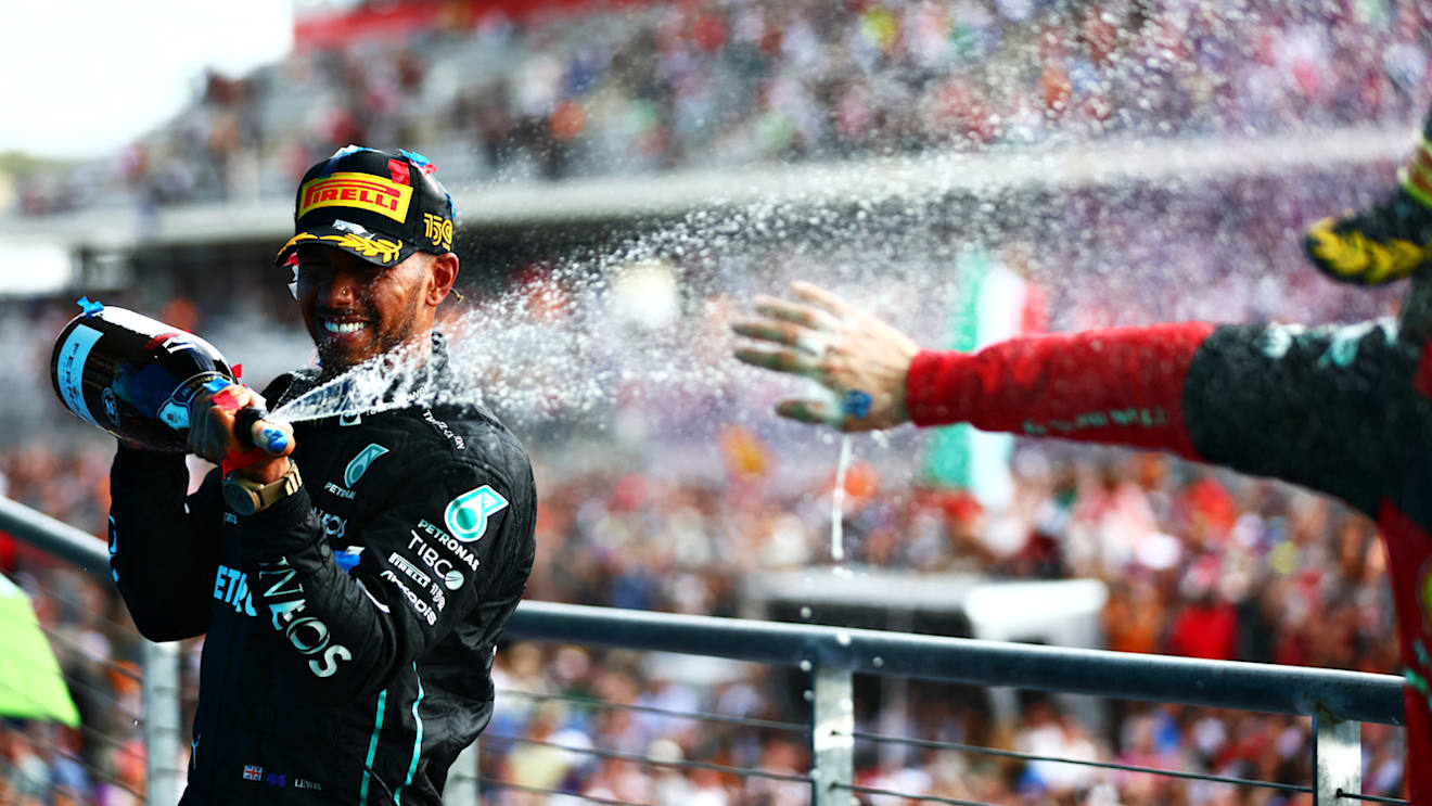 AUSTIN, TEXAS - OCTOBER 23: Second placed Lewis Hamilton of Great Britain and Mercedes celebrates on the podium following the F1 Grand Prix of USA at Circuit of The Americas on October 23, 2022 in Austin, Texas. (Photo by Dan Istitene - Formula 1/Formula 1 via Getty Images)