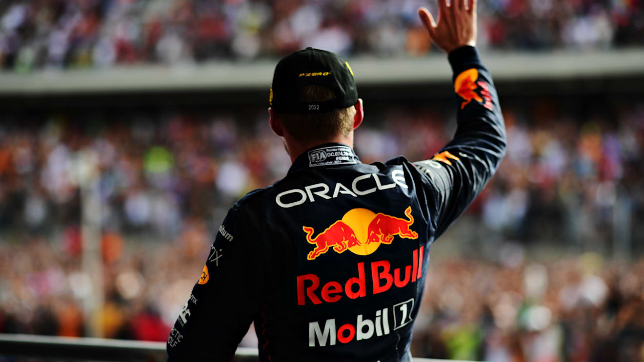 AUSTIN, TEXAS - OCTOBER 23: Race winner Max Verstappen of the Netherlands and Oracle Red Bull Racing celebrates on the podium following the F1 Grand Prix of USA at Circuit of The Americas on October 23, 2022 in Austin, Texas. (Photo by Mario Renzi - Formula 1/Formula 1 via Getty Images)