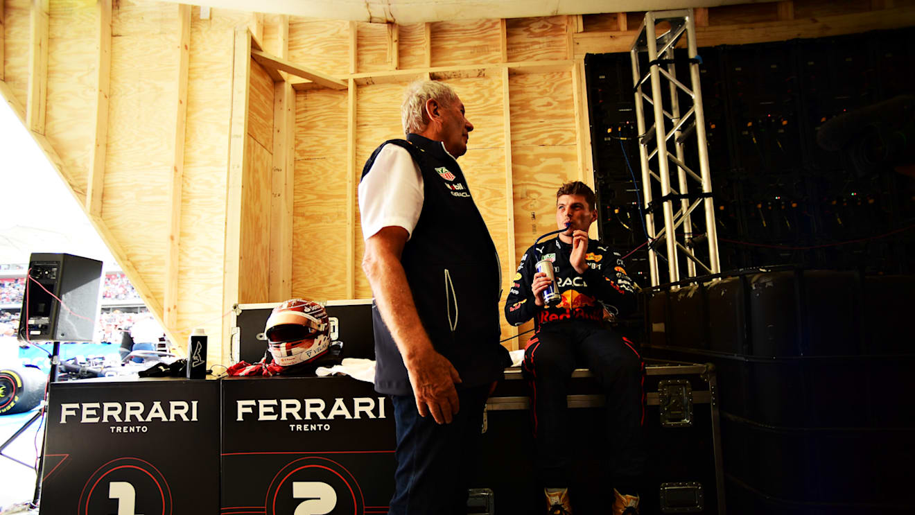 AUSTIN, TEXAS - OCTOBER 23: Race winner Max Verstappen of the Netherlands and Oracle Red Bull Racing and Red Bull Racing Team Consultant Dr Helmut Marko talk in parc ferme following the F1 Grand Prix of USA at Circuit of The Americas on October 23, 2022 in Austin, Texas. (Photo by Mario Renzi - Formula 1/Formula 1 via Getty Images)