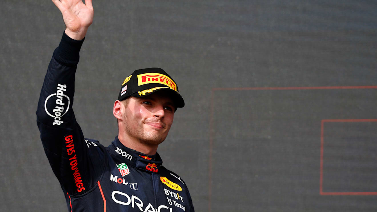 AUSTIN, TEXAS - OCTOBER 23: Race winner Max Verstappen of the Netherlands and Oracle Red Bull Racing celebrates on the podium following the F1 Grand Prix of USA at Circuit of The Americas on October 23, 2022 in Austin, Texas. (Photo by Chris Graythen/Getty Images)