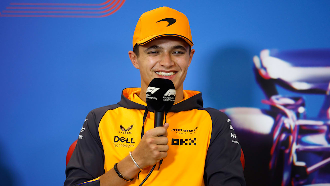 AUSTIN, TEXAS - OCTOBER 20: Lando Norris of Great Britain and McLaren attends the Drivers Press Conference during previews ahead of the F1 Grand Prix of USA at Circuit of The Americas on October 20, 2022 in Austin, Texas. (Photo by Jared C. Tilton/Getty Images)