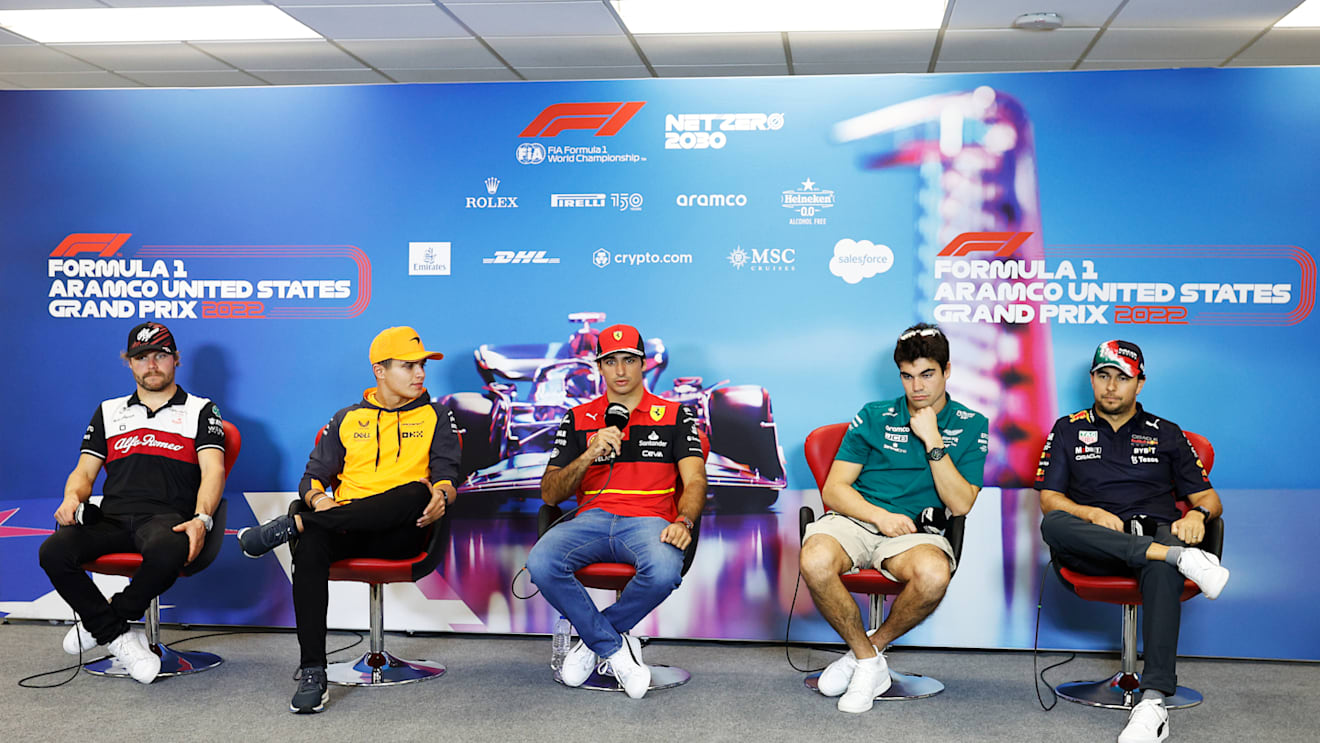 AUSTIN, TEXAS - OCTOBER 20: (L-R) Valtteri Bottas of Finland and Alfa Romeo F1, Lando Norris of Great Britain and McLaren, Carlos Sainz of Spain and Ferrari, Lance Stroll of Canada and Aston Martin F1 Team and Sergio Perez of Mexico and Oracle Red Bull Racing attend the Drivers Press Conference during previews ahead of the F1 Grand Prix of USA at Circuit of The Americas on October 20, 2022 in Austin, Texas. (Photo by Jared C. Tilton/Getty Images)