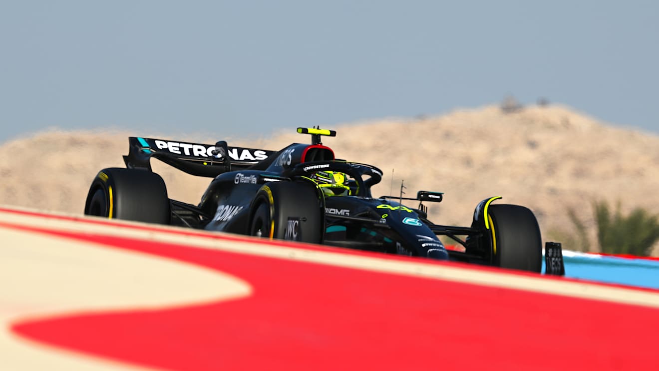 BAHRAIN, BAHRAIN - MARCH 03: Lewis Hamilton of Great Britain driving the (44) Mercedes AMG Petronas F1 Team W14 on track during practice ahead of the F1 Grand Prix of Bahrain at Bahrain International Circuit on March 03, 2023 in Bahrain, Bahrain. (Photo by Clive Mason/Getty Images)