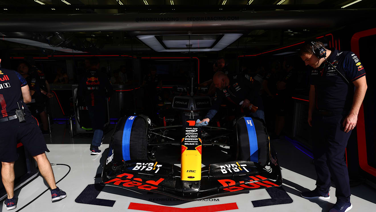 BAHRAIN, BAHRAIN - MARCH 03: A view of Max Verstappen of the Netherlands and Oracle Red Bull Racing in the garage during practice ahead of the F1 Grand Prix of Bahrain at Bahrain International Circuit on March 03, 2023 in Bahrain, Bahrain. (Photo by Mark Thompson/Getty Images)