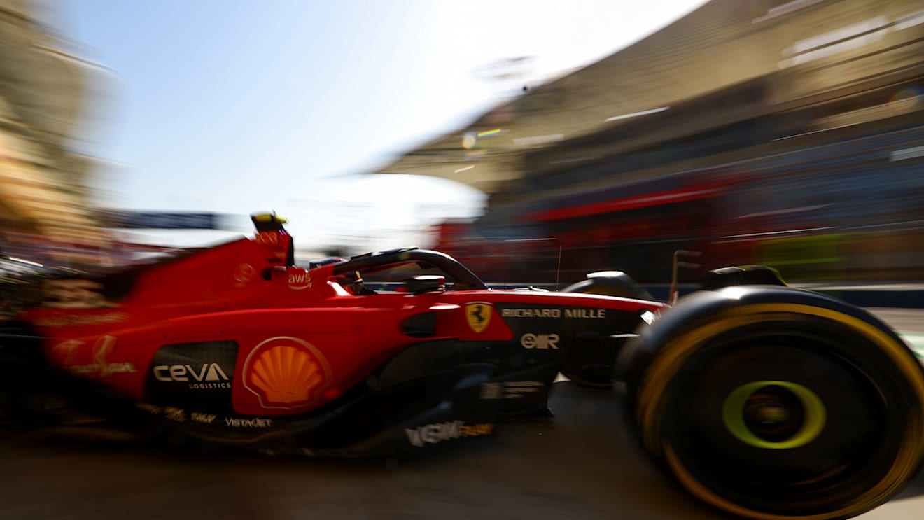 BAHRAIN, BAHRAIN - MARCH 03: Carlos Sainz of Spain driving (55) the Ferrari SF-23 leaves the garage during practice ahead of the F1 Grand Prix of Bahrain at Bahrain International Circuit on March 03, 2023 in Bahrain, Bahrain. (Photo by Mark Thompson/Getty Images)