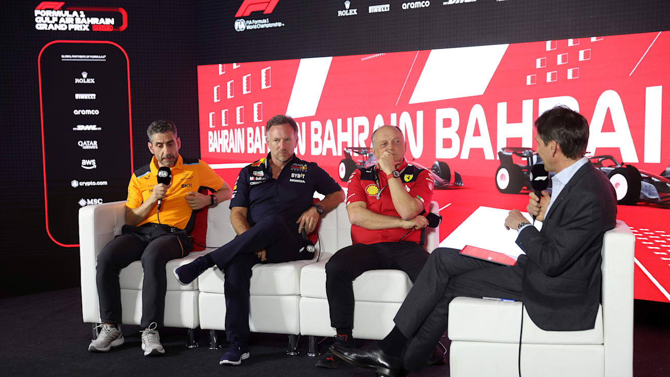 BAHRAIN, BAHRAIN - MARCH 03: (L-R) McLaren Team Principal Andrea Stella, Red Bull Racing Team Principal Christian Horner and Ferrari Team Principal Frederic Vasseur attend the Team Principals Press Conference during practice ahead of the F1 Grand Prix of Bahrain at Bahrain International Circuit on March 03, 2023 in Bahrain, Bahrain. (Photo by Lars Baron/Getty Images)