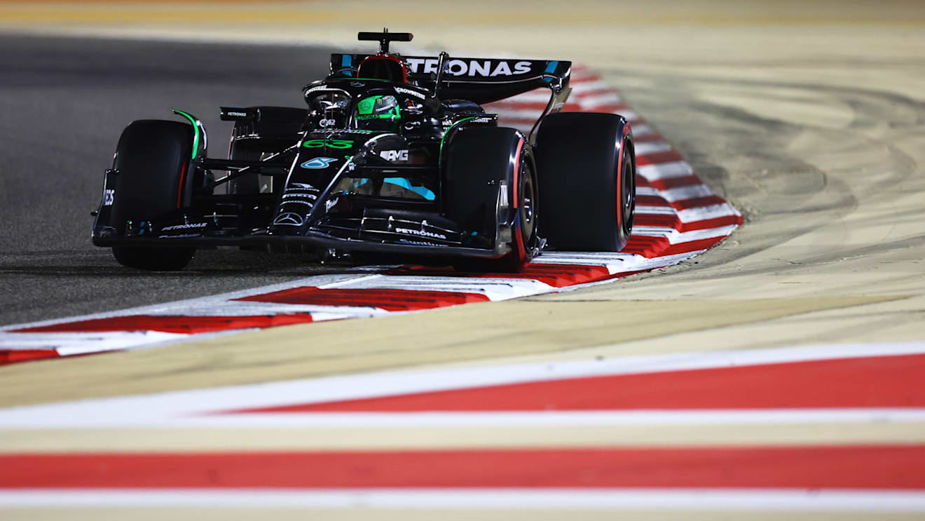 BAHRAIN, BAHRAIN - MARCH 04: George Russell of Great Britain driving the (63) Mercedes AMG Petronas F1 Team W14 on track during qualifying ahead of the F1 Grand Prix of Bahrain at Bahrain International Circuit on March 04, 2023 in Bahrain, Bahrain. (Photo by Dan Istitene - Formula 1/Formula 1 via Getty Images)