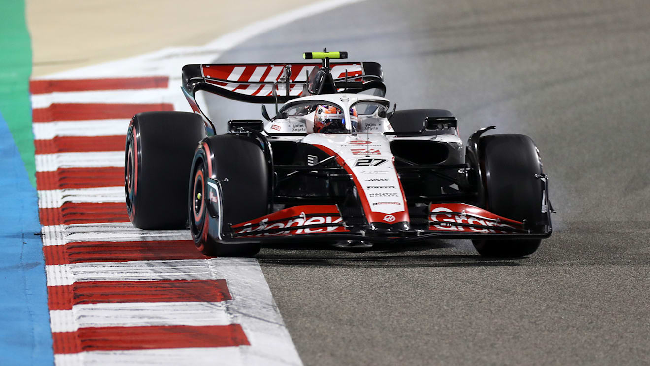 BAHRAIN, BAHRAIN - MARCH 04: Nico Hulkenberg of Germany driving the (27) Haas F1 VF-23 Ferrari locks a wheel under braking during qualifying ahead of the F1 Grand Prix of Bahrain at Bahrain International Circuit on March 04, 2023 in Bahrain, Bahrain. (Photo by Peter Fox/Getty Images)