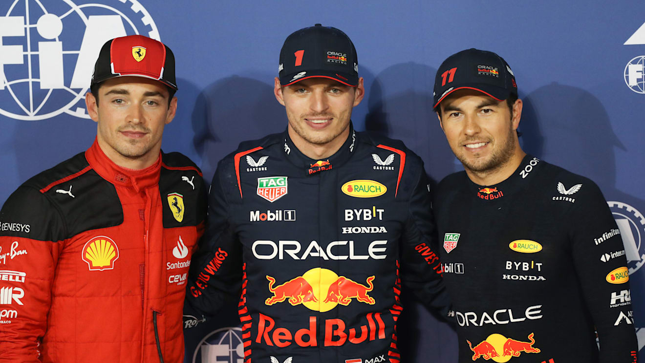 BAHRAIN, BAHRAIN - MARCH 04: Pole position qualifier Max Verstappen of the Netherlands and Oracle Red Bull Racing (C), Second placed qualifier Sergio Perez of Mexico and Oracle Red Bull Racing (R) and Third placed qualifier Charles Leclerc of Monaco and Ferrari (L) pose for a photo in parc ferme during qualifying ahead of the F1 Grand Prix of Bahrain at Bahrain International Circuit on March 04, 2023 in Bahrain, Bahrain. (Photo by Peter Fox/Getty Images)