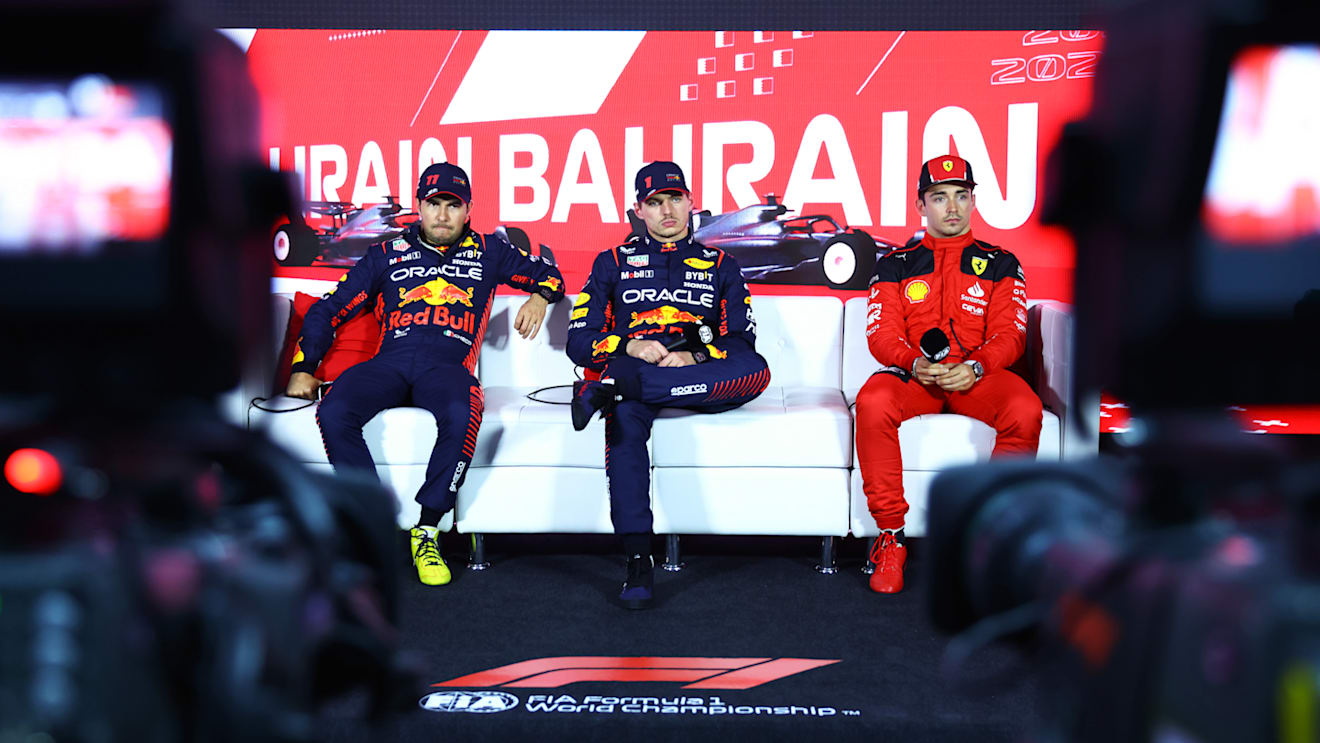 BAHRAIN, BAHRAIN - MARCH 04: Pole position qualifier Max Verstappen of the Netherlands and Oracle Red Bull Racing (C), Second placed qualifier Sergio Perez of Mexico and Oracle Red Bull Racing (L) and Third placed qualifier Charles Leclerc of Monaco and Ferrari (R) attend the press conference after qualifying ahead of the F1 Grand Prix of Bahrain at Bahrain International Circuit on March 04, 2023 in Bahrain, Bahrain. (Photo by Dan Istitene/Getty Images)