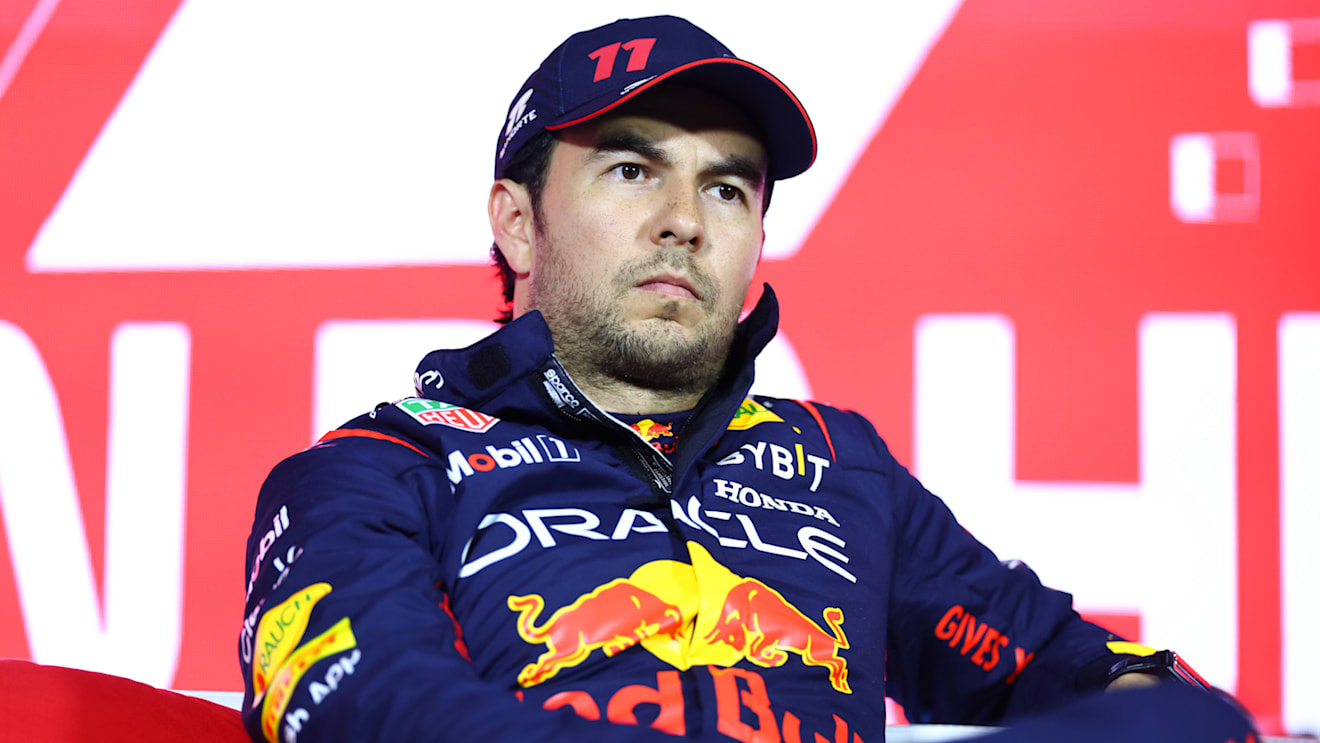 BAHRAIN, BAHRAIN - MARCH 04: Second placed qualifier Sergio Perez of Mexico and Oracle Red Bull Racing attends the press conference after qualifying ahead of the F1 Grand Prix of Bahrain at Bahrain International Circuit on March 04, 2023 in Bahrain, Bahrain. (Photo by Dan Istitene/Getty Images)