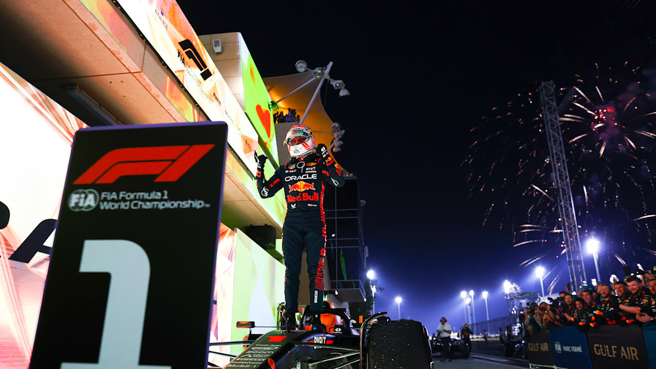 BAHRAIN, BAHRAIN - MARCH 05: Race winner Max Verstappen of the Netherlands and Oracle Red Bull Racing celebrates in parc ferme during the F1 Grand Prix of Bahrain at Bahrain International Circuit on March 05, 2023 in Bahrain, Bahrain. (Photo by Mark Thompson/Getty Images)