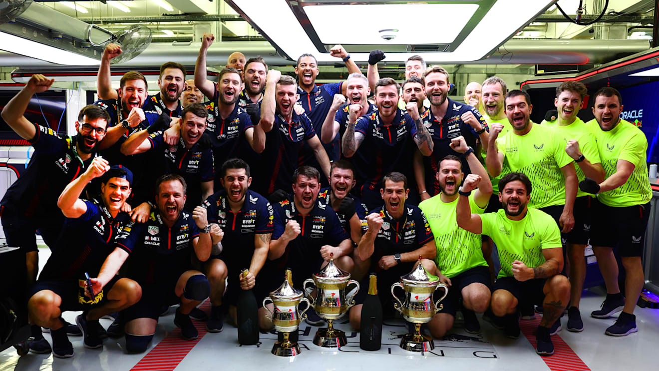 BAHRAIN, BAHRAIN - MARCH 05: The Red Bull Racing team celebrate in the garage after securing a 1-2 finish during the F1 Grand Prix of Bahrain at Bahrain International Circuit on March 05, 2023 in Bahrain, Bahrain. (Photo by Mark Thompson/Getty Images)