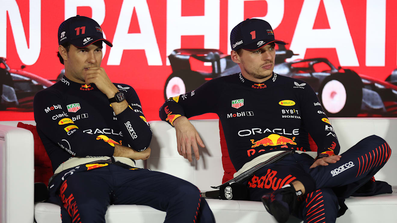 BAHRAIN, BAHRAIN - MARCH 05: Race winner Max Verstappen of the Netherlands and Oracle Red Bull Racing and Second placed Sergio Perez of Mexico and Oracle Red Bull Racing attend the press conference after the F1 Grand Prix of Bahrain at Bahrain International Circuit on March 05, 2023 in Bahrain, Bahrain. (Photo by Lars Baron/Getty Images)