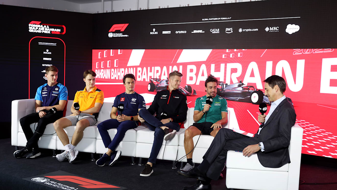 BAHRAIN, BAHRAIN - MARCH 02: (L-R) Logan Sargeant of United States and Williams, Oscar Piastri of Australia and McLaren, Nyck de Vries of Netherlands and Scuderia AlphaTauri, Nico Hulkenberg of Germany and Haas F1 and Fernando Alonso of Spain and Aston Martin F1 Team attend the Drivers Press Conference during previews ahead of the F1 Grand Prix of Bahrain at Bahrain International Circuit on March 02, 2023 in Bahrain, Bahrain. (Photo by Lars Baron/Getty Images)
