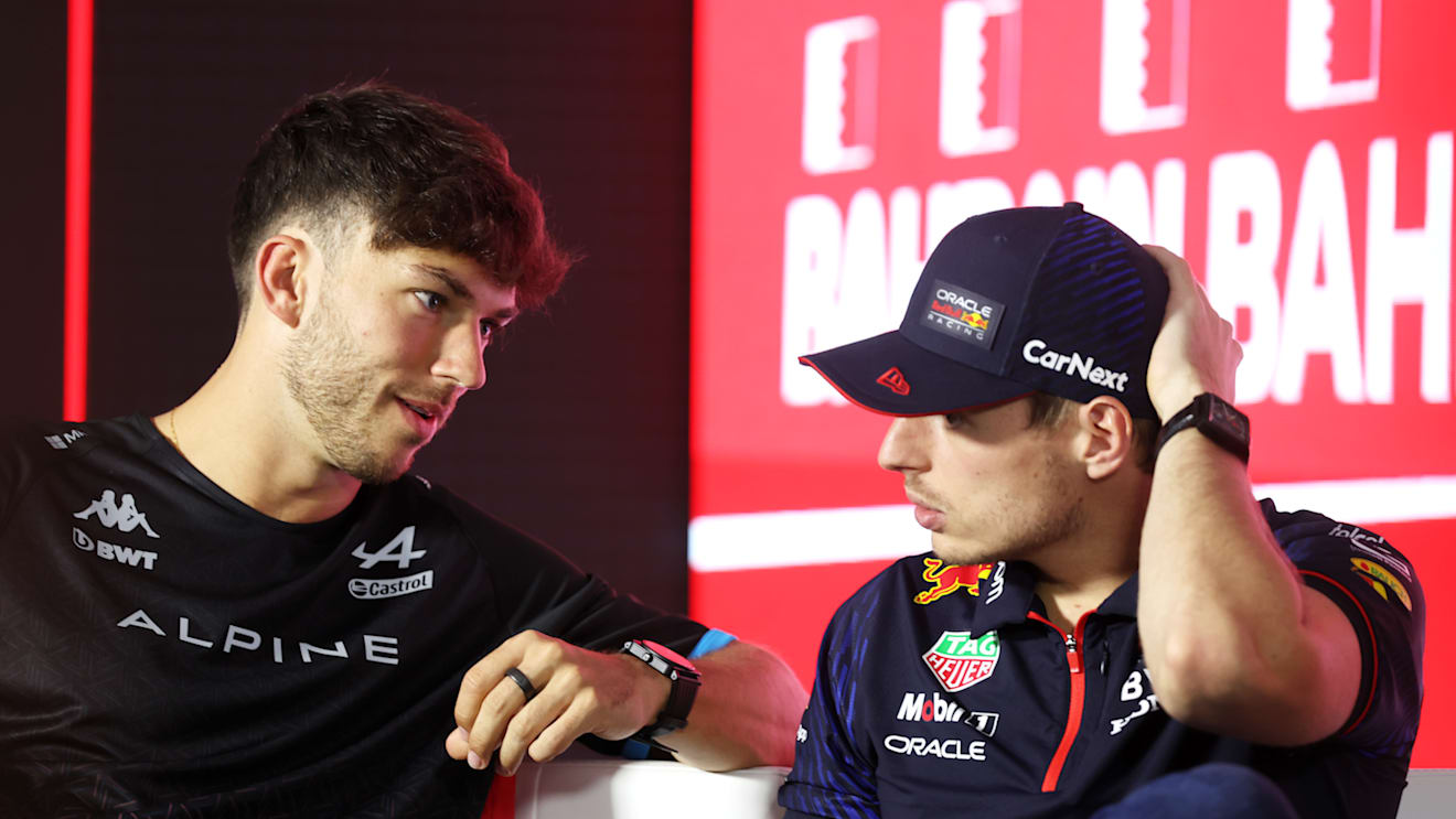 BAHRAIN, BAHRAIN - MARCH 02: Pierre Gasly of France and Alpine F1 and Max Verstappen of the Netherlands and Oracle Red Bull Racing talk in the Drivers Press Conference during previews ahead of the F1 Grand Prix of Bahrain at Bahrain International Circuit on March 02, 2023 in Bahrain, Bahrain. (Photo by Lars Baron/Getty Images)