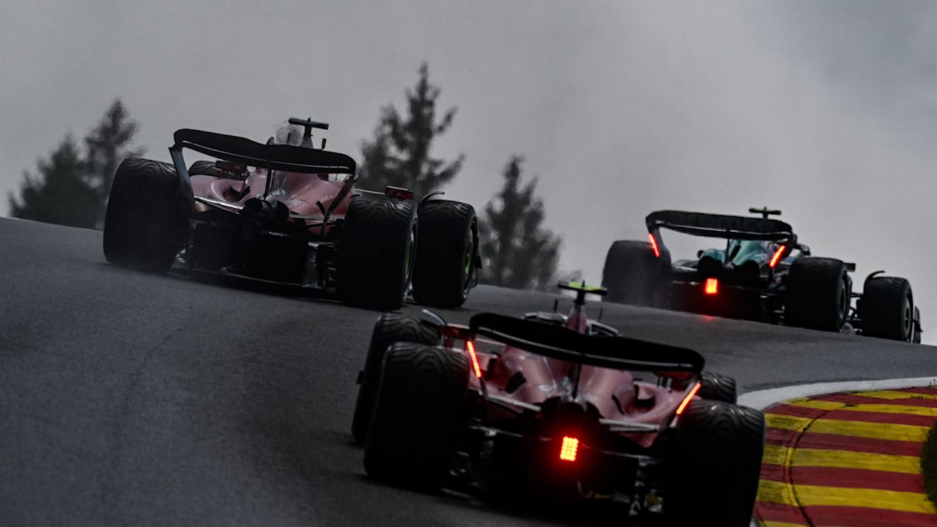 Ferrari's Monegasque driver Charles Leclerc (L), Ferrari's Spanish driver Carlos Sainz Jr (down) and Mercedes' British driver Lewis Hamilton (R) compete during the sprint shootout ahead of the Formula One Belgian Grand Prix at the Spa-Francorchamps Circuit in Spa on July 29, 2023. (Photo by JOHN THYS / AFP) (Photo by JOHN THYS/AFP via Getty Images)