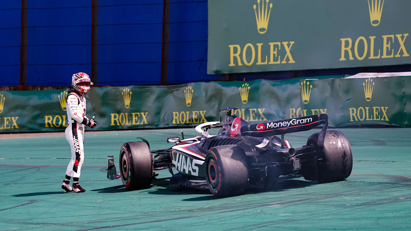 SAO PAULO, BRAZIL - NOVEMBER 5: Kevin Magnussen of Denmark and Haas F1 walks away from his car after crashing at turn 1 during the F1 Grand Prix of Brazil at Autodromo Jose Carlos Pace on November 3, 2023 in Sao Paulo, Brazil (Photo by Kym Illman/Getty Images)