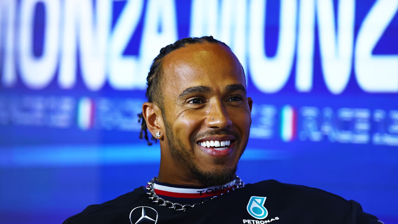 MONZA, ITALY - AUGUST 31: Lewis Hamilton of Great Britain and Mercedes attends the Drivers Press Conference during previews ahead of the F1 Grand Prix of Italy at Autodromo Nazionale Monza on August 31, 2023 in Monza, Italy. (Photo by Bryn Lennon/Getty Images)