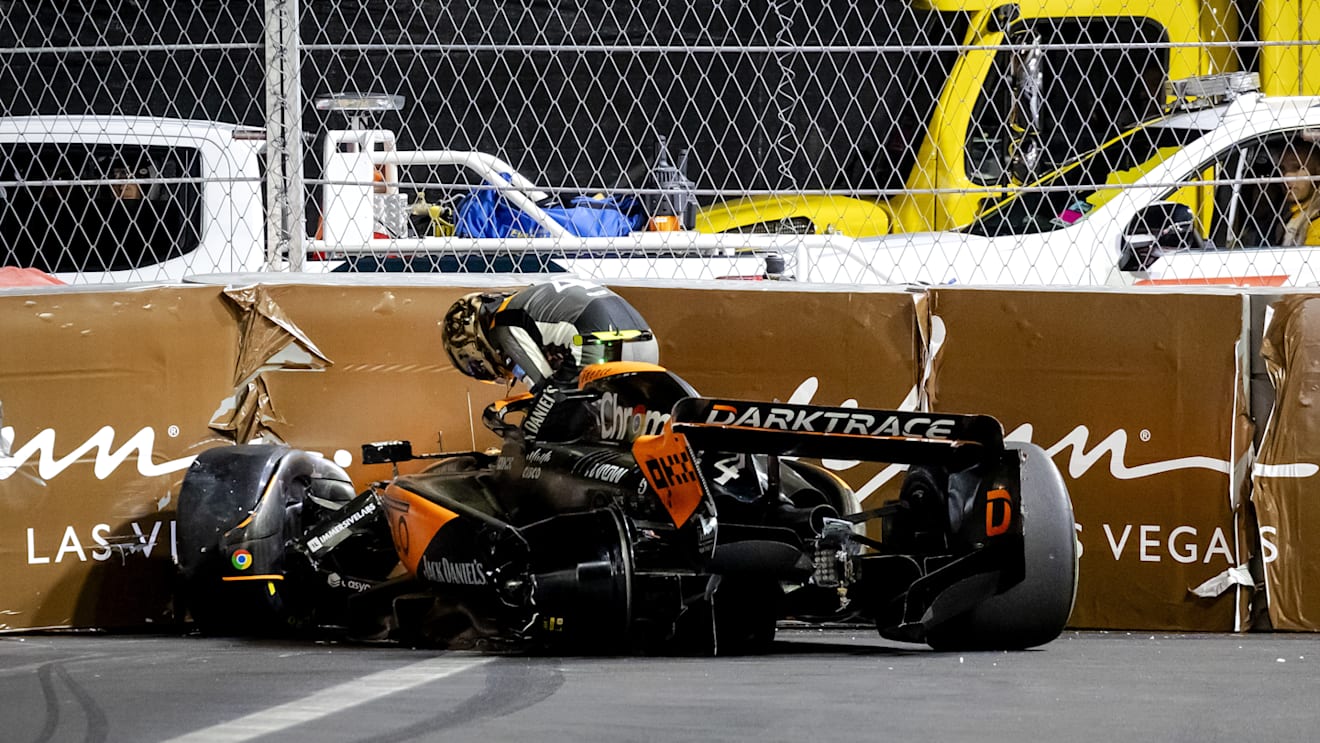 LAS VEGAS - Lando Norris (McLaren) after his crash during the Las Vegas Formula 1 Grand Prix at the Las Vegas Strip Circuit in Nevada. ANP SEM VAN DER WAL (Photo by ANP via Getty Images)