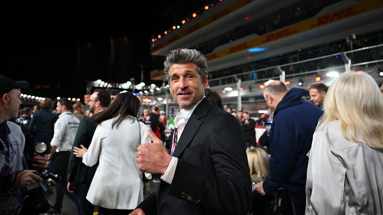 Actor Patrick Dempsey tours the grid before the start of the Las Vegas Formula One Grand Prix on November 18, 2023, in Las Vegas, Nevada. (Photo by ANGELA WEISS / AFP) (Photo by ANGELA WEISS/AFP via Getty Images)