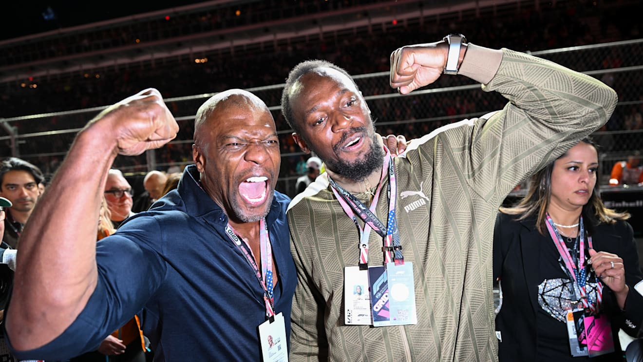 LAS VEGAS, NEVADA - NOVEMBER 18: Jamaican runner Usain Bolt (R) and actor Terry Crews (L) pose during the grid, prior to the F1 Grand Prix of Las Vegas at Las Vegas Strip Circuit on November 18, 2023 in Las Vegas, Nevada, United States. (Photo by Tayfun Cokun/Anadolu via Getty Images)