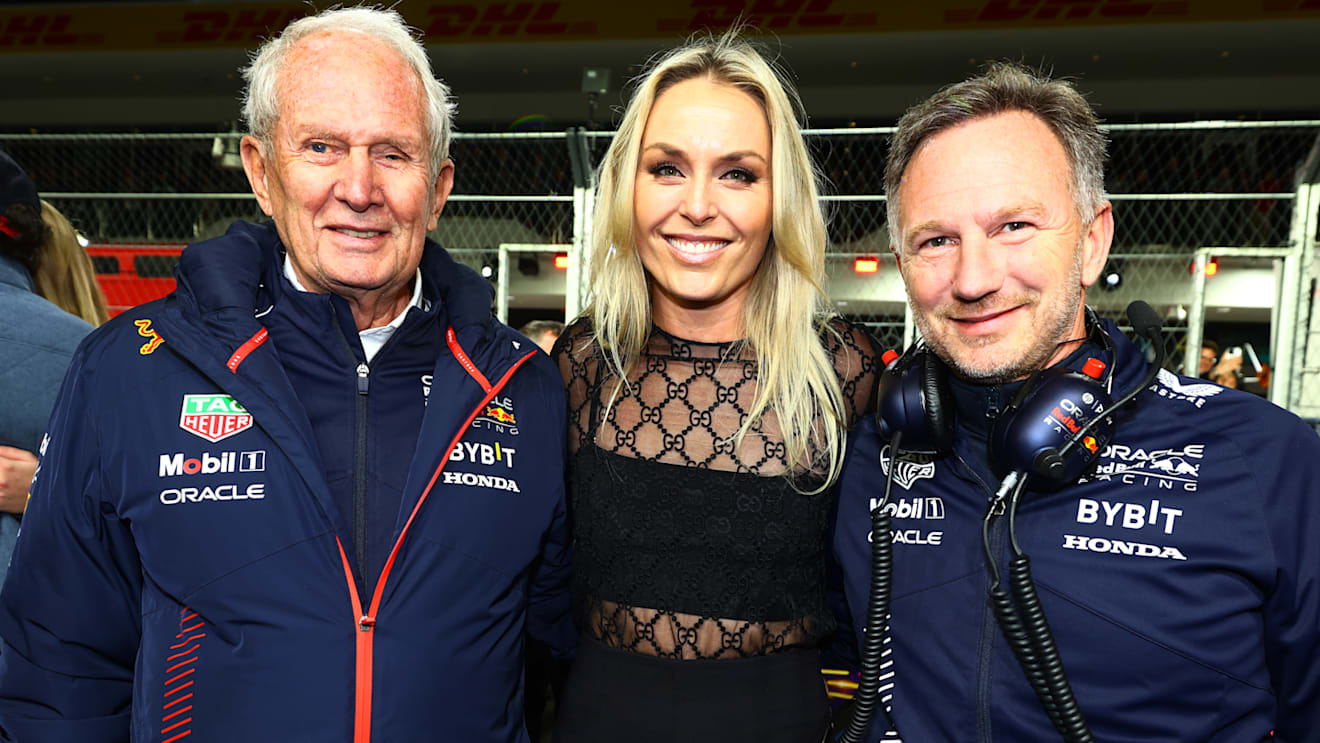 LAS VEGAS, NEVADA - NOVEMBER 18: Red Bull Racing Team Consultant Dr Helmut Marko, Lindsey Vonn and Red Bull Racing Team Principal Christian Horner pose for a photo prior to the F1 Grand Prix of Las Vegas at Las Vegas Strip Circuit on November 18, 2023 in Las Vegas, Nevada. (Photo by Mark Thompson/Getty Images)