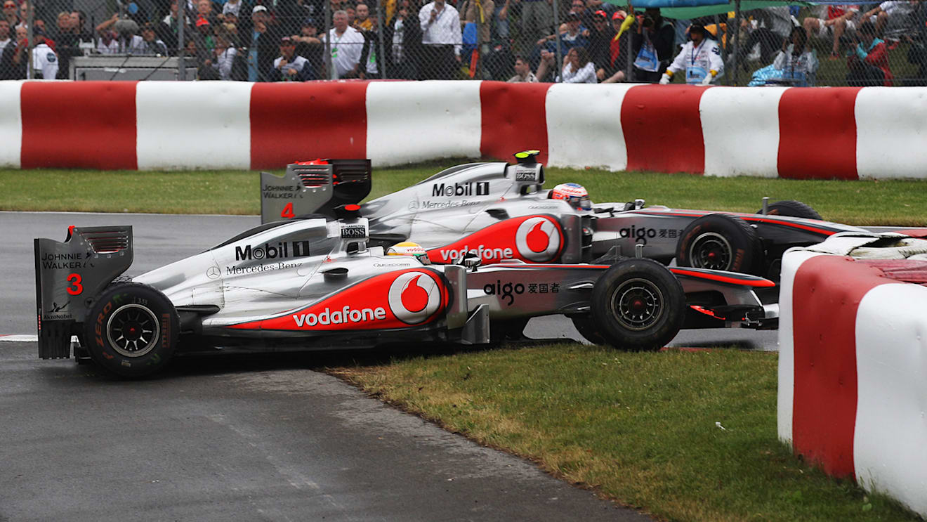 Hamilton picked up terminal car damage in his clash with team mate Button