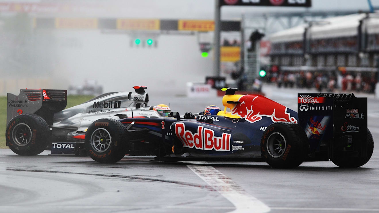 Hamilton and Webber tangled at Turn 1 when the Safety Car came into the pits and racing began