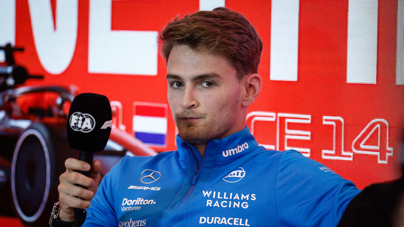 Williams' US driver Logan Sargeant looks on during a press conference ahead of the Dutch Formula One Grand Prix, in the coastal town of Zandvoort on August 24, 2023. The 2023 Dutch Grand Prix will take place on August 27, 2023. (Photo by Simon Wohlfahrt / AFP) (Photo by SIMON WOHLFAHRT/AFP via Getty Images)