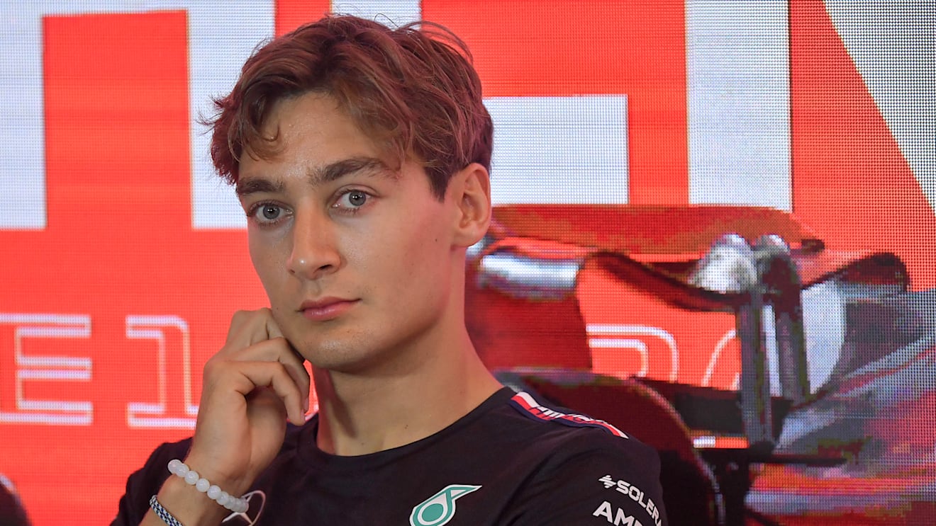 ZANDVOORT, NETHERLANDS - AUGUST 24: George Russell of Great Britain and Mercedes-AMG PETRONAS F1 Team attends the press conference during previews ahead of the F1 Grand Prix of The Netherlands at Circuit Park Zandvoort on August 24, 2023 in Zandvoort, Netherlands. (Photo by Vince Mignott/MB Media/Getty Images)