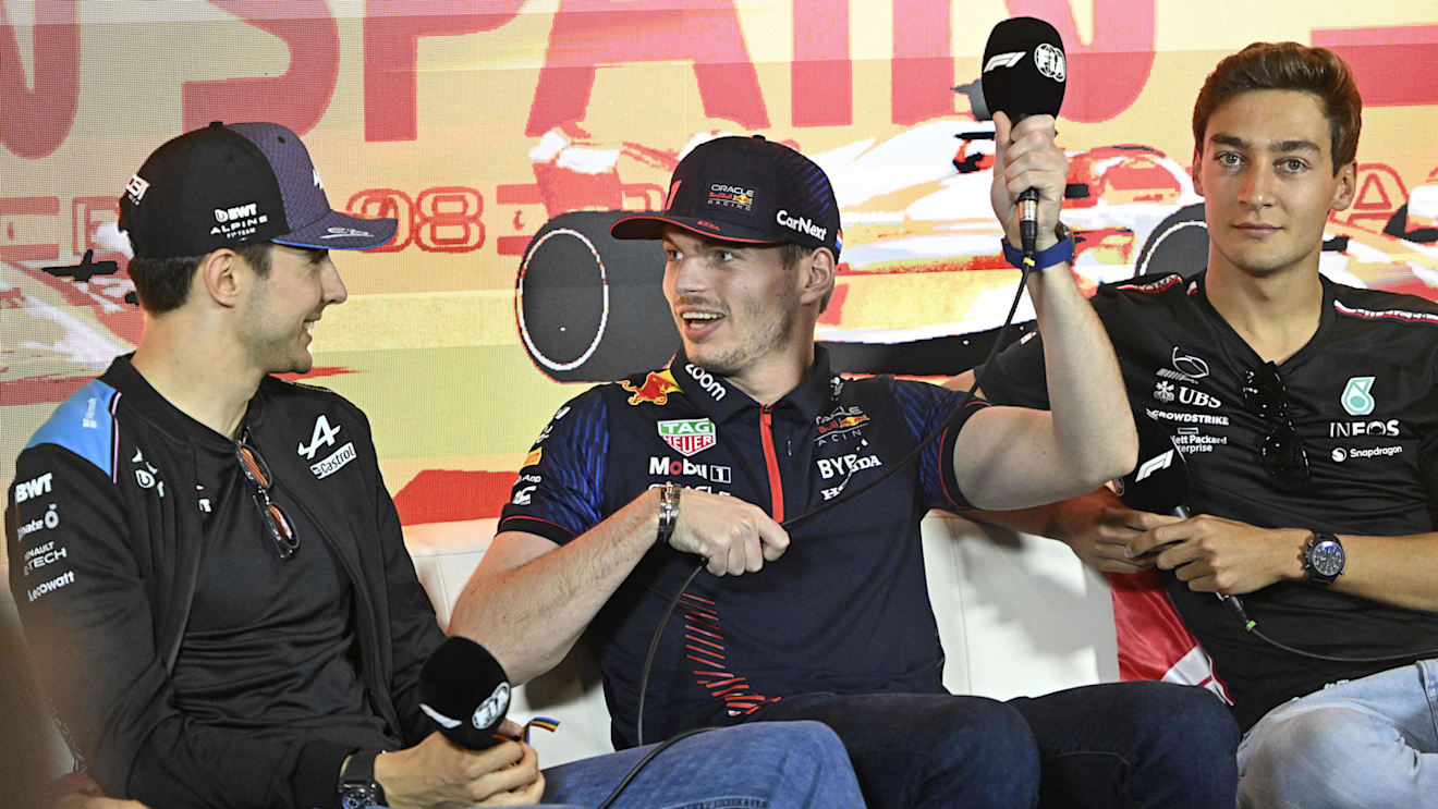 (From L) Alpine's French driver Esteban Ocon, Red Bull Racing's Dutch driver Max Verstappen and Mercedes' British driver George Russell attend a press conference ahead of the Spanish Formula One Grand Prix at the Circuit de Catalunya on June 1, 2023 in Montmelo, on the outskirts of Barcelona. (Photo by JAVIER SORIANO / AFP) (Photo by JAVIER SORIANO/AFP via Getty Images)